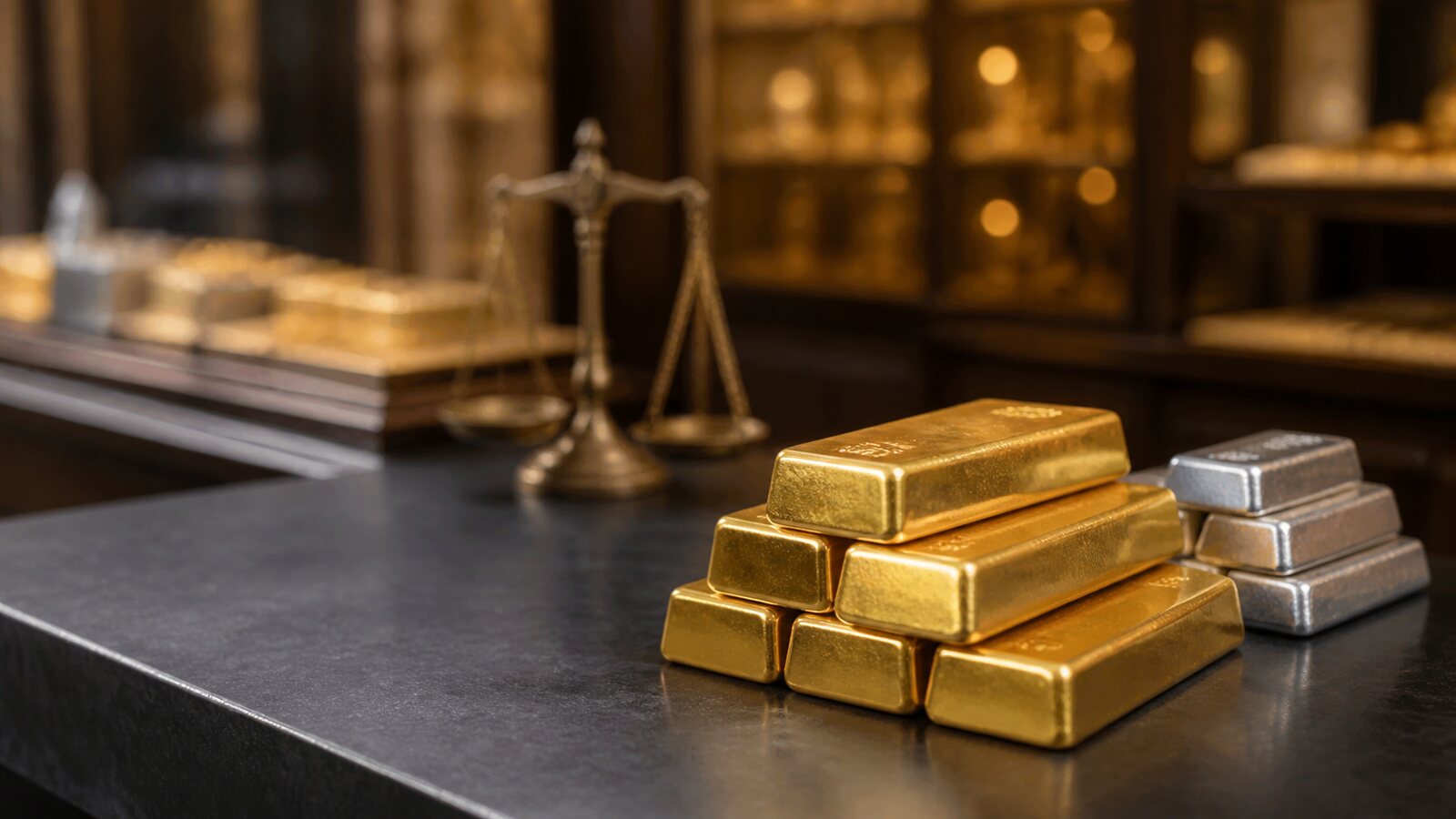 Gold and silver bullion bars at an Indian bullion market counter